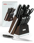 OOU 15-Piece Kitchen Knife Set with Block, German Stainless Steel Knife Blcok Set with Sharpening Rod, Ergonomic Wood Handle, Premium Cutlery Set with Steak Knives