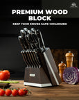 OOU 15-Piece Kitchen Knife Set with Block, German Stainless Steel Knife Blcok Set with Sharpening Rod, Ergonomic Wood Handle, Premium Cutlery Set with Steak Knives
