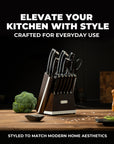 OOU 15-Piece Kitchen Knife Set with Block, German Stainless Steel Knife Blcok Set with Sharpening Rod, Ergonomic Wood Handle, Premium Cutlery Set with Steak Knives