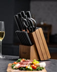 OOU® 15-Piece Black Knife Set with Sharpener & Walnut Block