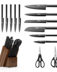 OOU® 15-Piece Black Knife Set with Sharpener & Walnut Block