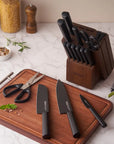 OOU® 15-Piece Black Knife Set with Sharpener & Walnut Block