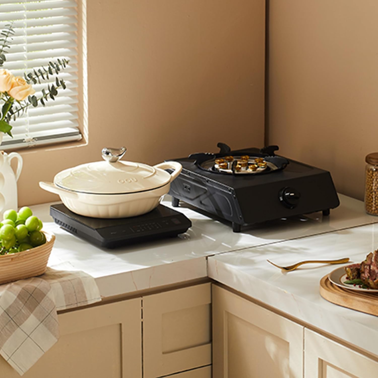 An OOU enameled cast iron pot cooking a rich and flavorful dish, ideal for slow-cooked recipes.
