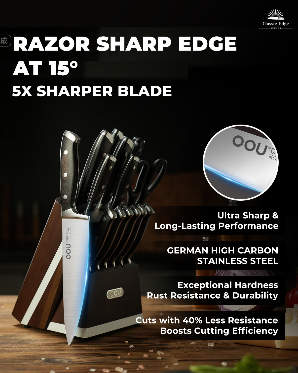 OOU 15-Piece Kitchen Knife Set with Block, German Stainless Steel Knife Blcok Set with Sharpening Rod, Ergonomic Wood Handle, Premium Cutlery Set with Steak Knives