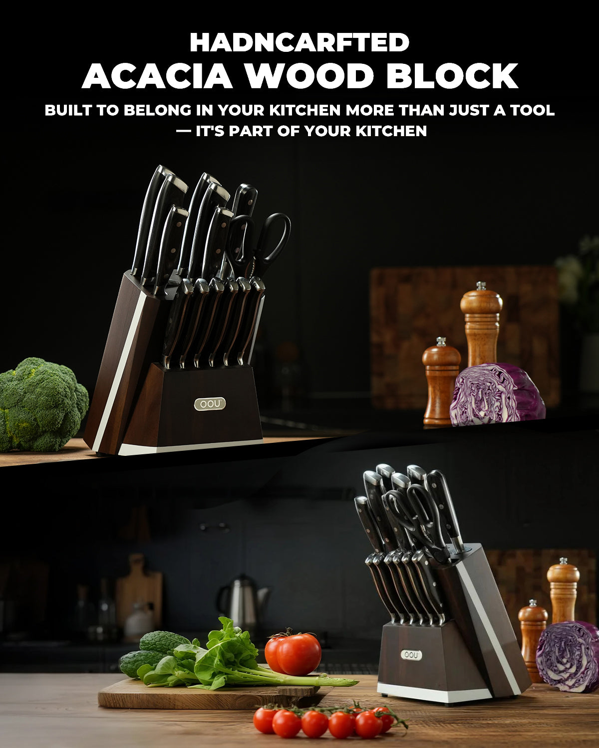 OOU 15-Piece Kitchen Knife Set with Block, German Stainless Steel Knife Blcok Set with Sharpening Rod, Ergonomic Wood Handle, Premium Cutlery Set with Steak Knives