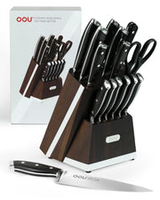 OOU 15-Piece Kitchen Knife Set with Block, German Stainless Steel Knife Blcok Set with Sharpening Rod, Ergonomic Wood Handle, Premium Cutlery Set with Steak Knives