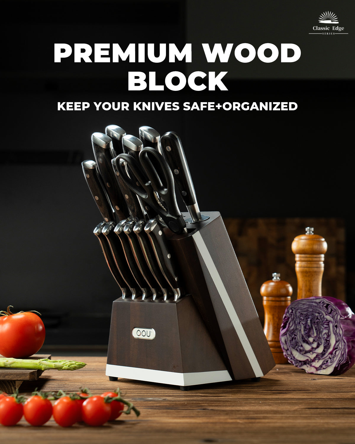 OOU 15-Piece Kitchen Knife Set with Block, German Stainless Steel Knife Blcok Set with Sharpening Rod, Ergonomic Wood Handle, Premium Cutlery Set with Steak Knives