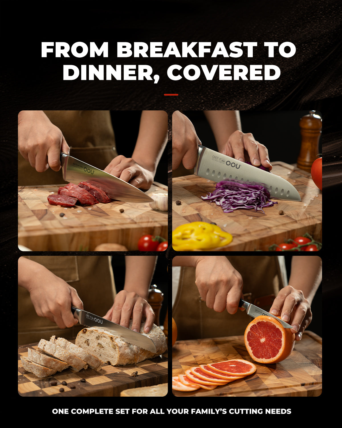 OOU 15-Piece Kitchen Knife Set with Block, German Stainless Steel Knife Blcok Set with Sharpening Rod, Ergonomic Wood Handle, Premium Cutlery Set with Steak Knives