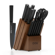 OOU®  15-Piece Black Knife Set with Sharpener & Walnut Block