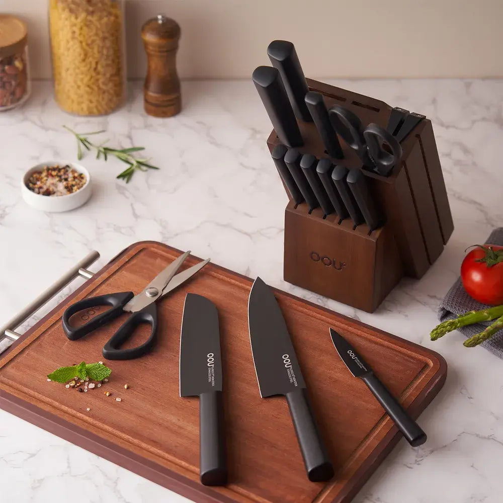 OOU®  15-Piece Black Knife Set with Sharpener &amp; Walnut Block