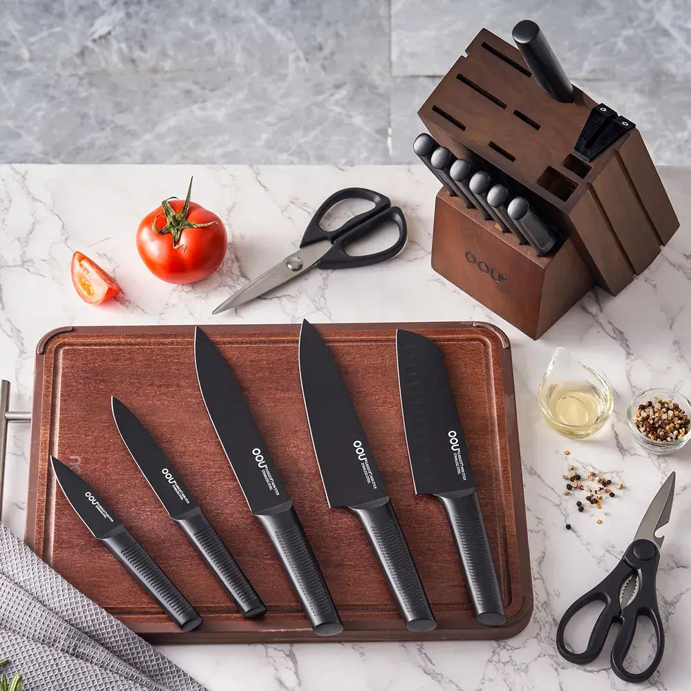 OOU® Black Shark Series – 15-Piece High Carbon Stainless Steel Knife Set with Walnut Wood Block