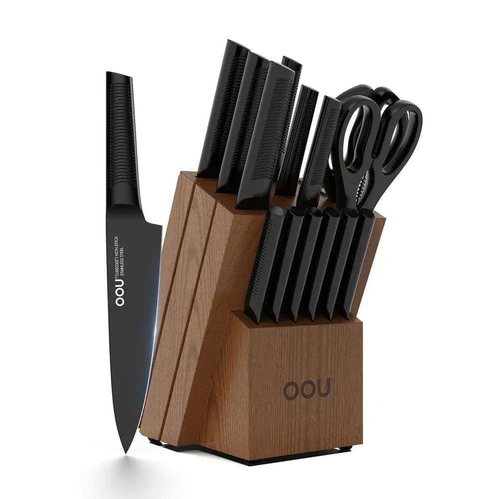 OOU® Black Shark Series – 15-Piece High Carbon Stainless Steel Knife Set with Walnut Wood Block