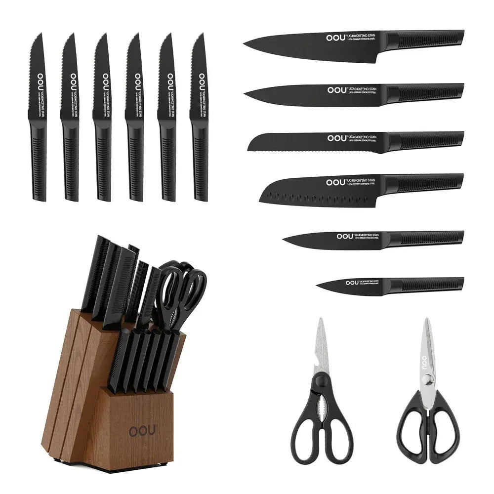 OOU® Black Shark Series – 15-Piece High Carbon Stainless Steel Knife Set with Walnut Wood Block