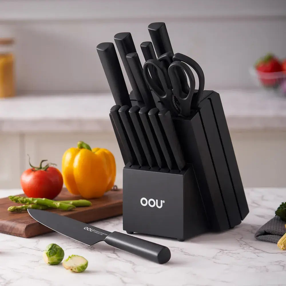 OOU 15-Piece Kitchen Knife Set - High Carbon Stainless Steel with Built ...